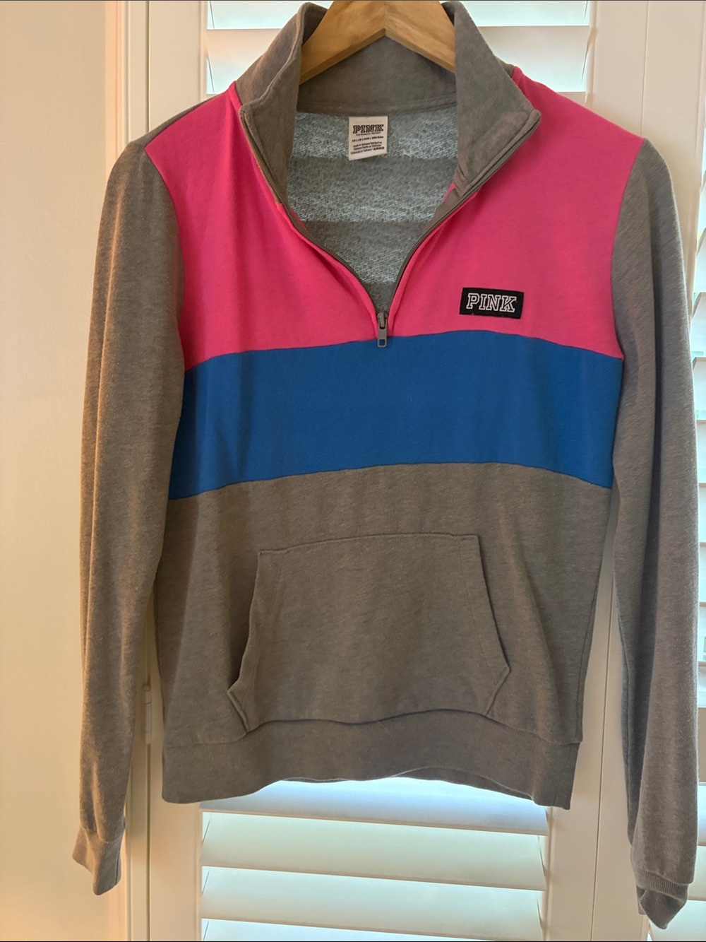 PINK Victoria's Secret Pink/Blue/Gray Colorblock Quarter-Zip Pullover